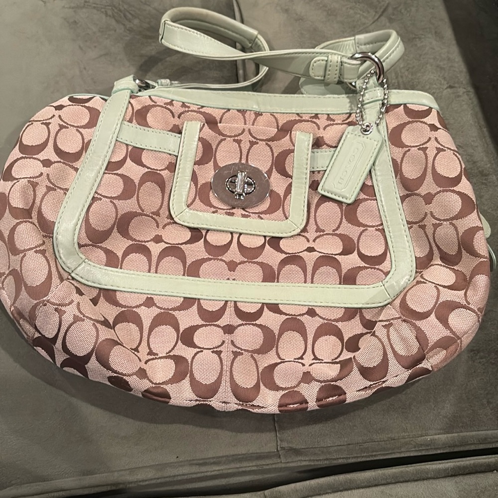 COACH signaturere Bag with Seafoam Green Leather Trim!